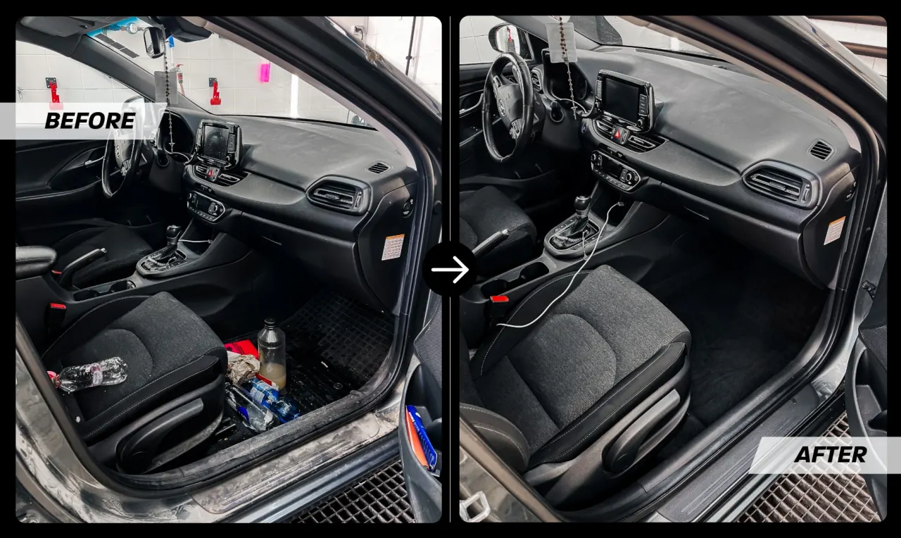 Before and after: the driver's side cabin of a Hyundai i30 with a footwell full of rubbish, then cleaned out
