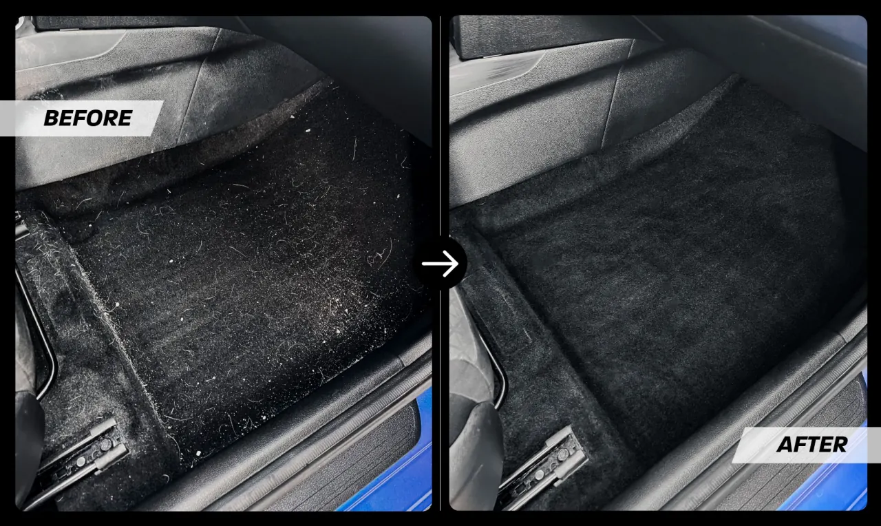Before and after: a carpet full of hair and dust, then deep-cleaned