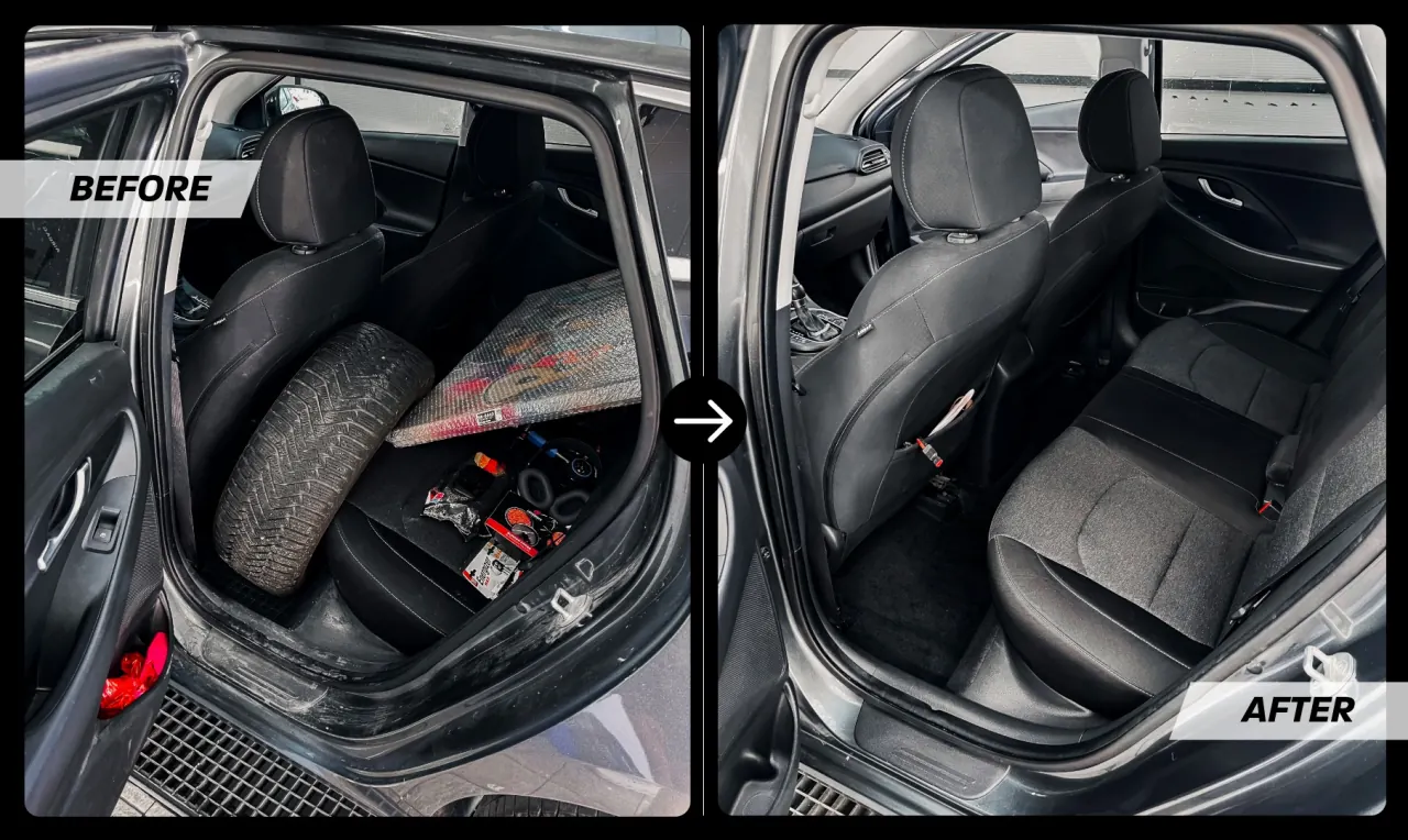 Before and after: loaded, dirty rear seats, then cleaned