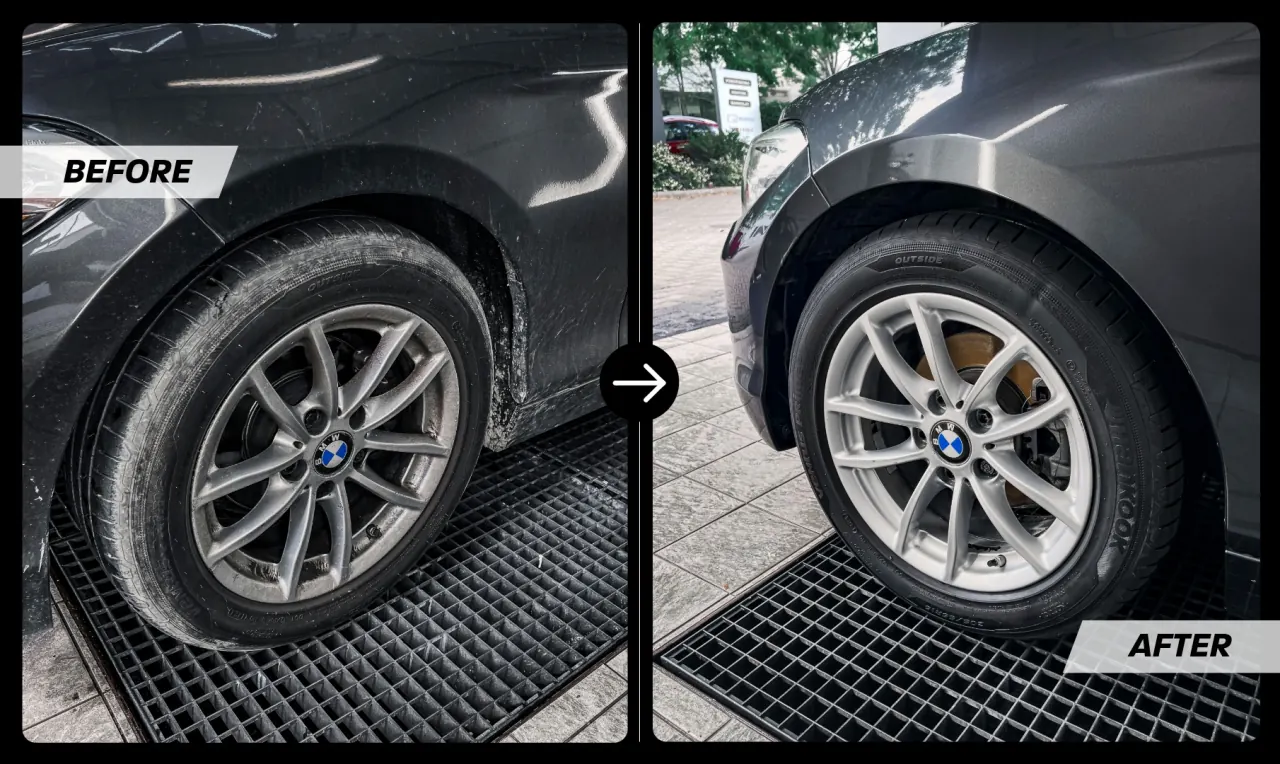 Before and after: a BMW wheel and arch covered in brake dust, then cleaned