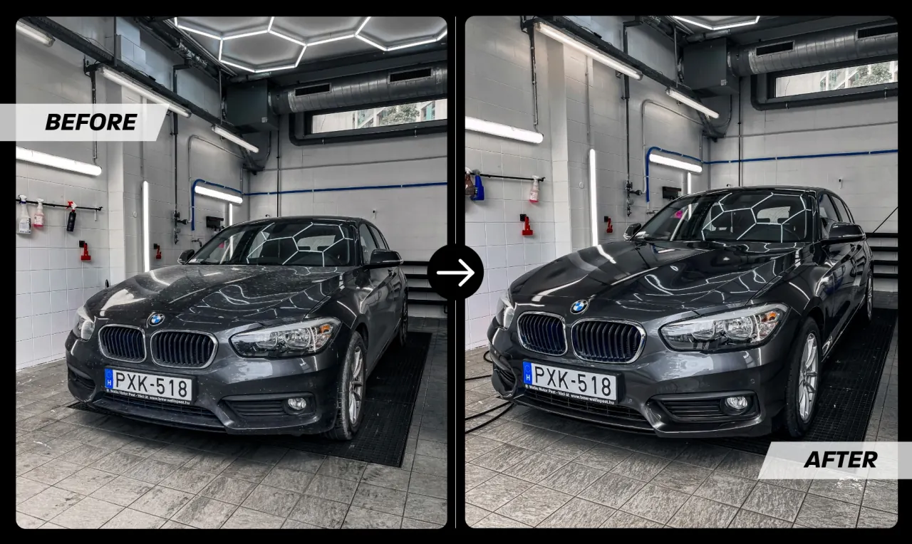 Before and after: a grey BMW 1 Series in the workshop before the wash, then clean and glossy