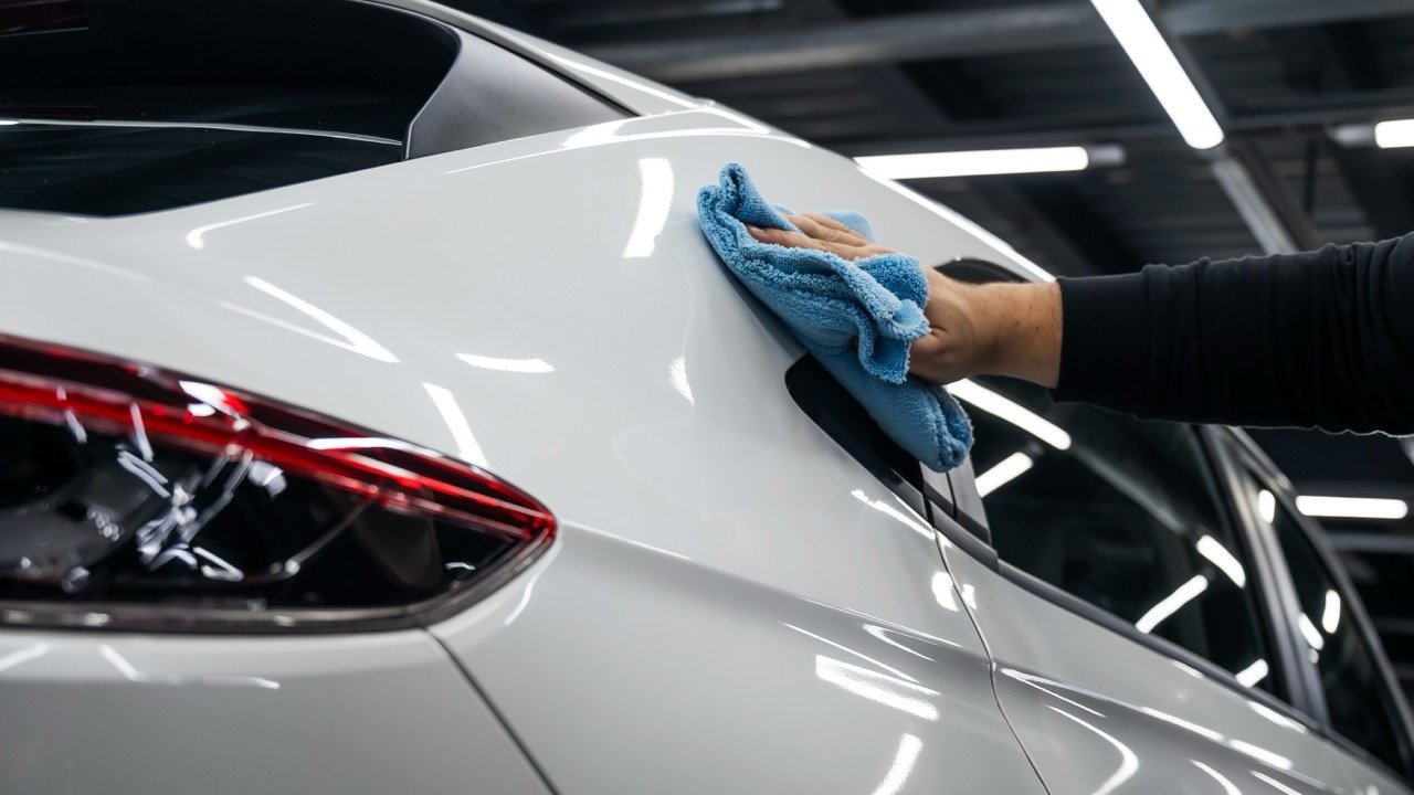 CARDOC Detailing studio interior — microfiber wipe on white car